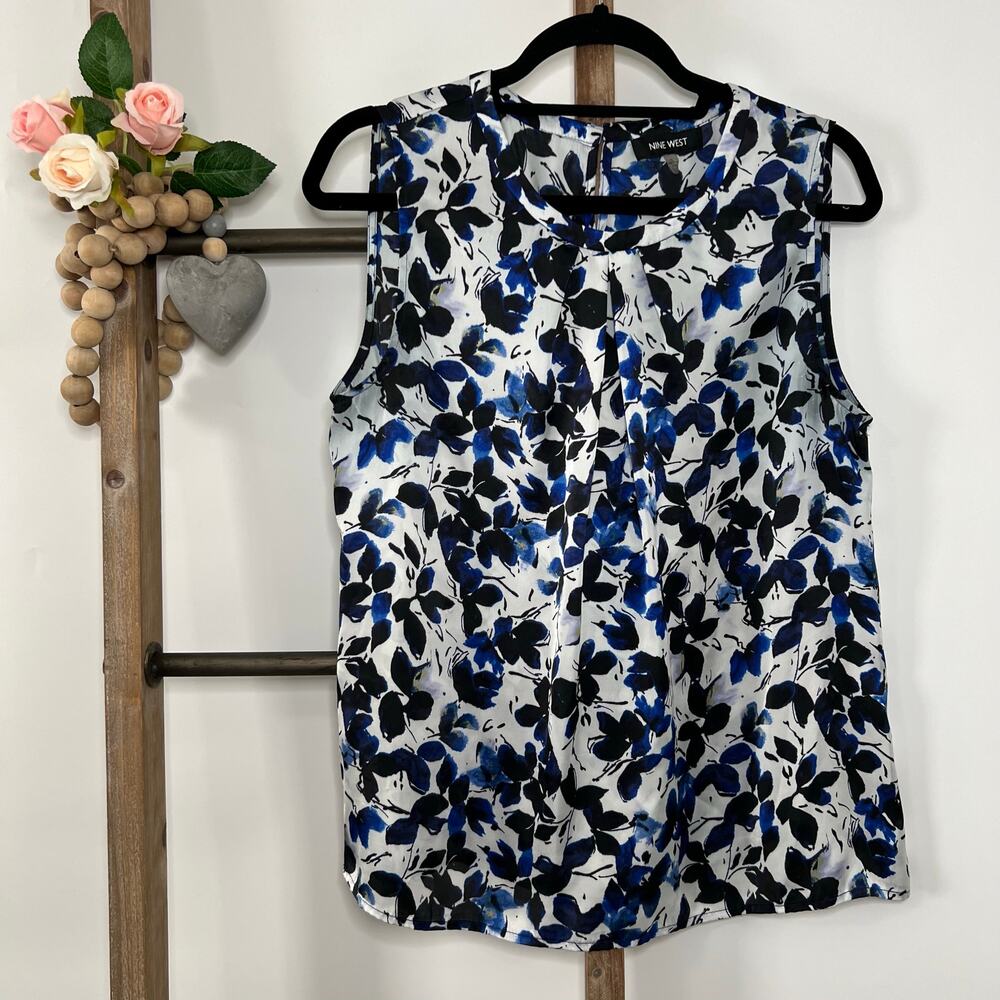 Nine West Sleeveless Blue Black White Flower Blouse Size Large